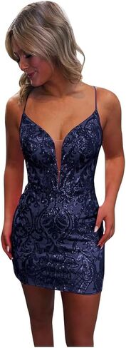 Sequin Lace Tight Homecoming Dresses for Teens Sparkly Spaghetti Straps V Neck Short Prom Dress Mini Cocktail Gown in Saudi Arabia
