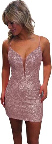 Sequin Lace Tight Homecoming Dresses for Teens Sparkly Spaghetti Straps V Neck Short Prom Dress Mini Cocktail Gown in Saudi Arabia