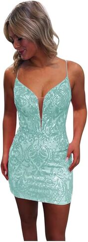 Sequin Lace Tight Homecoming Dresses for Teens Sparkly Spaghetti Straps V Neck Short Prom Dress Mini Cocktail Gown in Saudi Arabia