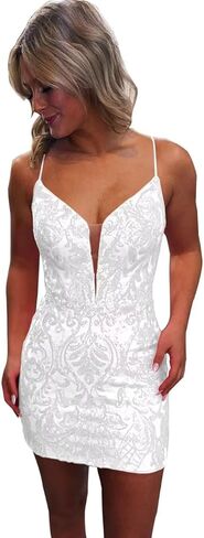 Sequin Lace Tight Homecoming Dresses for Teens Sparkly Spaghetti Straps V Neck Short Prom Dress Mini Cocktail Gown in Saudi Arabia