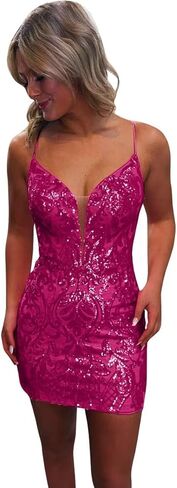 Sequin Lace Tight Homecoming Dresses for Teens Sparkly Spaghetti Straps V Neck Short Prom Dress Mini Cocktail Gown in Saudi Arabia