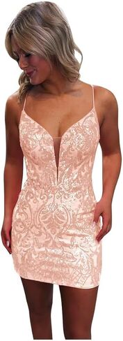 Sequin Lace Tight Homecoming Dresses for Teens Sparkly Spaghetti Straps V Neck Short Prom Dress Mini Cocktail Gown in Saudi Arabia