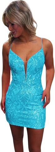 Sequin Lace Tight Homecoming Dresses for Teens Sparkly Spaghetti Straps V Neck Short Prom Dress Mini Cocktail Gown in Saudi Arabia