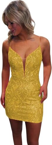 Sequin Lace Tight Homecoming Dresses for Teens Sparkly Spaghetti Straps V Neck Short Prom Dress Mini Cocktail Gown in Saudi Arabia