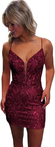 Sequin Lace Tight Homecoming Dresses for Teens Sparkly Spaghetti Straps V Neck Short Prom Dress Mini Cocktail Gown in Saudi Arabia