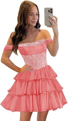 Short Sequin Homecoming Dresses for Teens 2026 Off Shoulder Tiered Chiffon Prom Dress in Kuwait