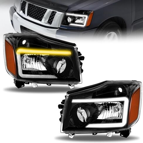 ELH LED Headlight Assembly SEQ Turn Signal Day Running Light Fit For 2004-2015 Nissan Titan / 2005-2007 Armada Driver and Passenger Side Head Lamp Black Housing Amber Reflector in Kuwait