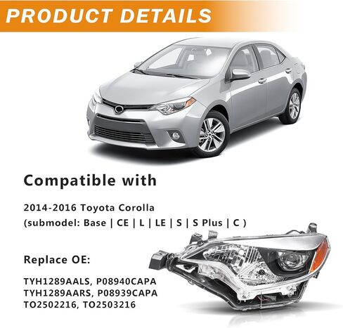 Headlights Assembly Compatible with 2014 2015 2016 Toyota Corolla Projector Headlights Headlamps Pair, Chrome Housing Amber in Kuwait