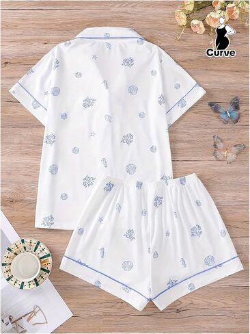 OYOANGLE Women's Plus Size Pajama Set Graphic Print Button Down Sleepwear Shorts Pjs Lounge Set in Saudi Arabia