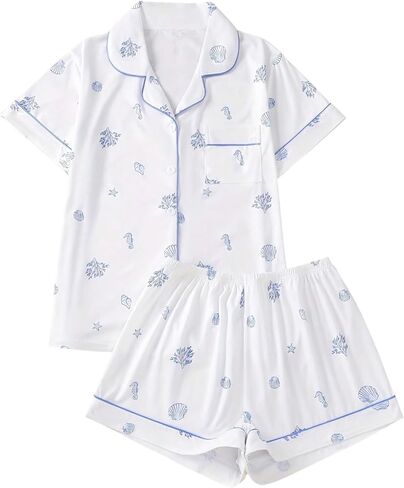 OYOANGLE Women's Plus Size Pajama Set Graphic Print Button Down Sleepwear Shorts Pjs Lounge Set in Saudi Arabia