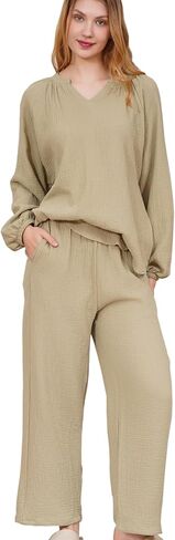 Womens Cotton Gauze Pajama Set Long Sleeve, Soft and Breathable Sleepwear with Pockets in Saudi Arabia