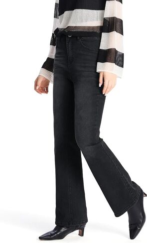 بنطال جينز نسائي قصير قابل للتمدد مقاس 26 بوصة، عالي الخصر، متعرج، من قماش الدنيم، أسود، صغير in Kuwait