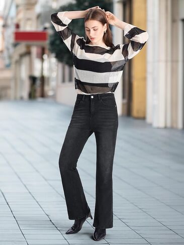 بنطال جينز نسائي قصير قابل للتمدد مقاس 26 بوصة، عالي الخصر، متعرج، من قماش الدنيم، أسود، صغير in Kuwait