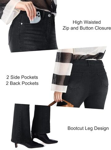 بنطال جينز نسائي قصير قابل للتمدد مقاس 26 بوصة، عالي الخصر، متعرج، من قماش الدنيم، أسود، صغير in Kuwait