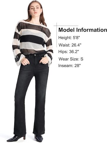 بنطال جينز نسائي قصير قابل للتمدد مقاس 26 بوصة، عالي الخصر، متعرج، من قماش الدنيم، أسود، صغير in Kuwait