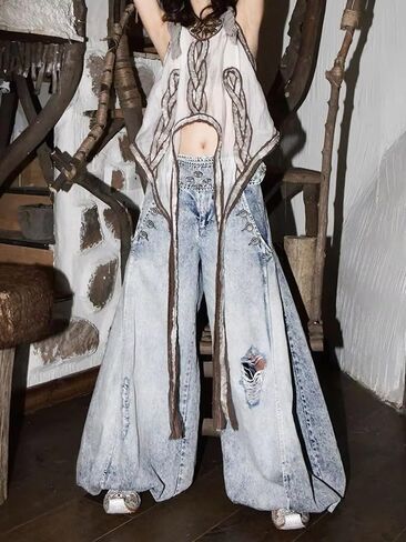 Retro Denim Lantern Pants for Women High Waist Hole Trousers Y2k Baggy Ripped Jean Pants Wide Leg Jeans in Saudi Arabia