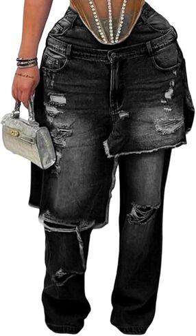 Molisry Women's Double Waist Ripped Jeans Patchwork Frayed Distressed Straight Leg Denim Boyfriend Jeans 2025 in Kuwait