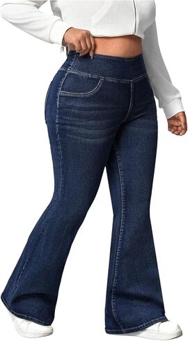 GORGLITTER Women's Plus Size Jeans Bell Bottom Pants High Elastic Waist Stretchy Denim Leggings Tummy Control Flare Pant in Saudi Arabia