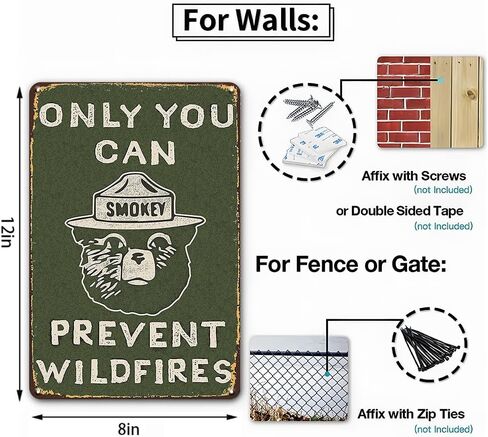 YOYI ART Vintage Metal Sign Smoky the Bear - Only You Can Prevent Wildfires, Funny Retro Tin Sign Sign for Home, Garage, Yard, Outside, Man Cave Wall Deocr Art Accessories, Gifts for men, 8 x 12 Inch in Kuwait