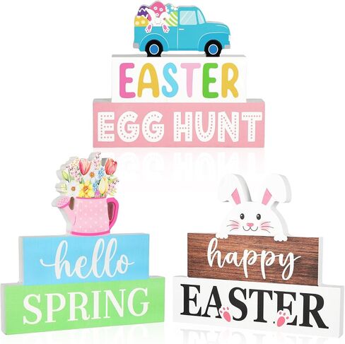 3 Pcs Easter Decorations for Home Wooden Bunny Table Sign Hello Spring Tables Centerpiece Egg Hunt Wood Tabletop Blocks Tiered Tray Office Desk Shelf Mantle Fireplace Farmhouse Rustic Indoor Kitchen in Kuwait
