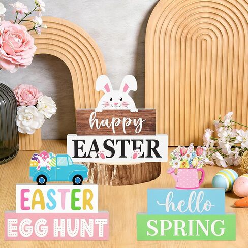 3 Pcs Easter Decorations for Home Wooden Bunny Table Sign Hello Spring Tables Centerpiece Egg Hunt Wood Tabletop Blocks Tiered Tray Office Desk Shelf Mantle Fireplace Farmhouse Rustic Indoor Kitchen in Kuwait