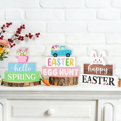 3 Pcs Easter Decorations for Home Wooden Bunny Table Sign Hello Spring Tables Centerpiece Egg Hunt Wood Tabletop Blocks Tiered Tray Office Desk Shelf Mantle Fireplace Farmhouse Rustic Indoor Kitchen in Kuwait