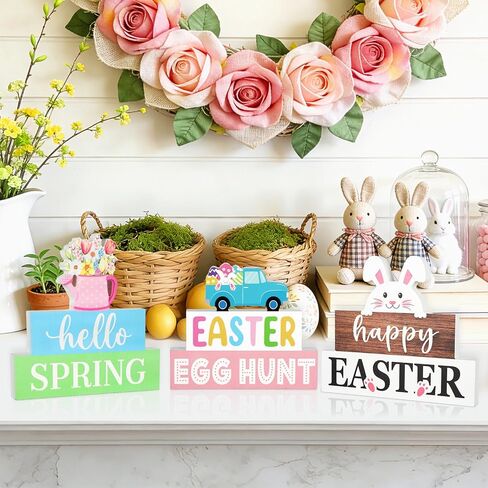 3 Pcs Easter Decorations for Home Wooden Bunny Table Sign Hello Spring Tables Centerpiece Egg Hunt Wood Tabletop Blocks Tiered Tray Office Desk Shelf Mantle Fireplace Farmhouse Rustic Indoor Kitchen in Kuwait