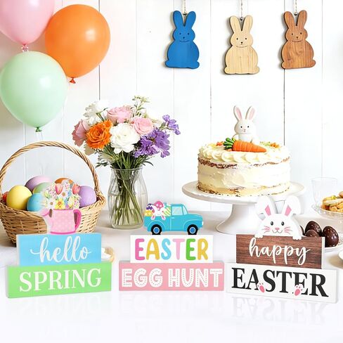 3 Pcs Easter Decorations for Home Wooden Bunny Table Sign Hello Spring Tables Centerpiece Egg Hunt Wood Tabletop Blocks Tiered Tray Office Desk Shelf Mantle Fireplace Farmhouse Rustic Indoor Kitchen in Kuwait