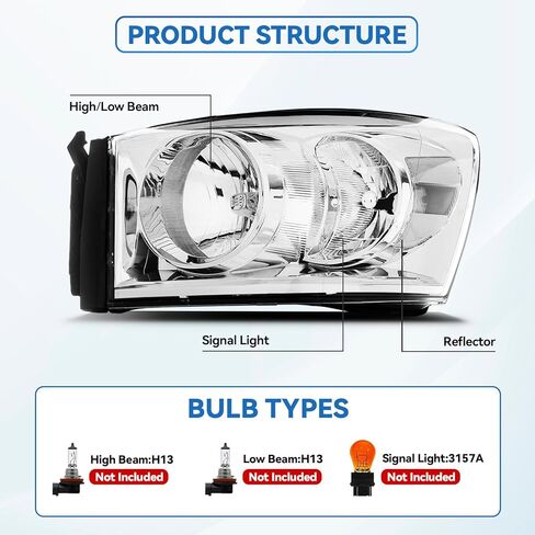 Front Headlight Assembly for 2006-2008 DODGE RAM 1500/2006-2009 DODGE RAM 2500, 3500 Pickup - Replacement Headlamp, Front Bumper Lights in Kuwait
