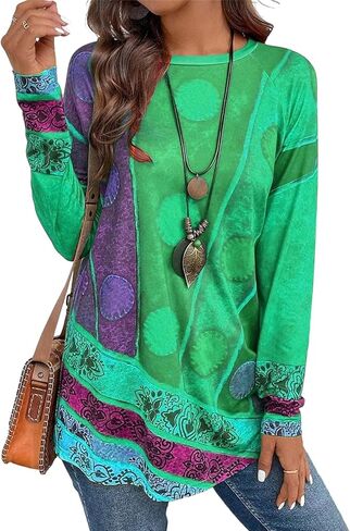 Tops for Women Long Sleeve Crew Neck Casual Tshirts Shirts Fashion Fall Fashion Boho Shirt Tunic Striped Blouses Loose in Saudi Arabia