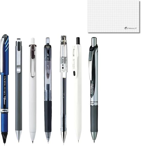 مجموعة أقلام حبر جل يابانية مكونة من 7 أقلام - حبر أسود ذو نقطة دقيقة 0.35-0.7 مم، كتابة ناعمة وأنيقة، تتضمن بطاقة كتابة اختبار - صنع في اليابان in Kuwait