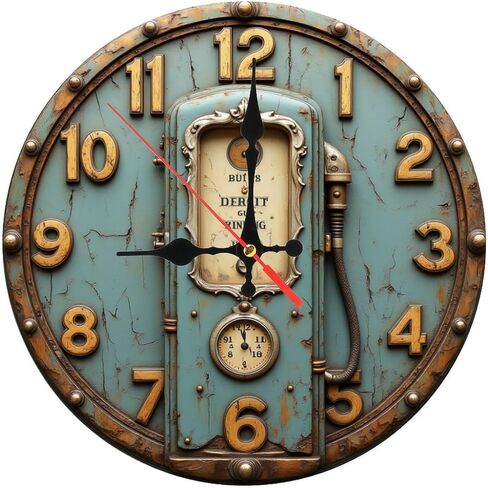 Vintage Gas Pump Industrial Wooden Wall Clock with Steampunk Details 25x25cm in Saudi Arabia
