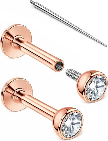 Internal Thread Earrings Flat Back Studs for Nose, Helix, Cartilage, Tragus, Conch, Labret, Medusa, Monroe, Lip Piercing Jewelry for Women - 316LVM Surgical Steel, AAAAA Cubic Zirconia (2pcs + Taper) in Kuwait