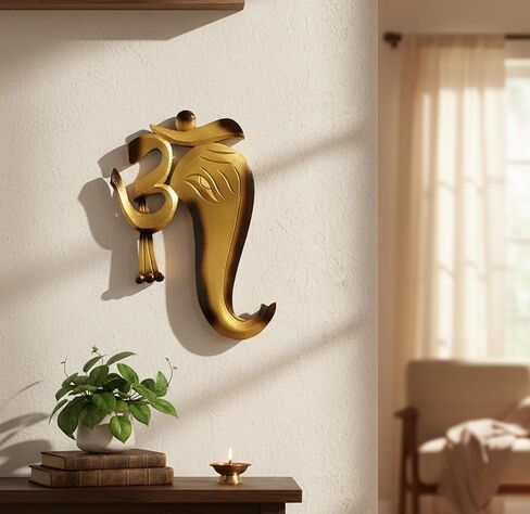 معلقة على الحائط من eSplanade Ganesha Ganesh | تعليقة حائط أوم أوم | اكسسوارات الديكور - ديكور المنزل | خشب - 11.5 بوصة - ذهبي in Saudi Arabia