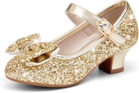 Haloumoning Girls Dress Shoes Mary Jane Heels Flower Girl Shoes Bow Glitter Princess Wedding Party Pump Shoes in Saudi Arabia