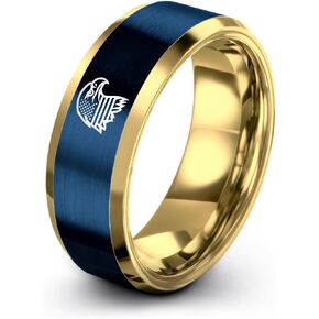 Gift for Patriotic American - American Flag Eagle Ring - Tungsten - 8mm - Personalized Custom Engraving - Brushed Polished - Men Women - Band - Anniversary Wedding - Flat Dome Bevel - Blue Yellow Rose in Kuwait