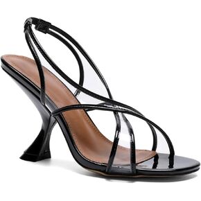 Women's Strappy Evening Sandals, Black Patent, 3.5" Sculptural Heel, Crystal Embellishments in Saudi Arabia