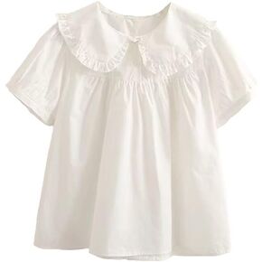 BAIMORE Women's Summer Doll Collar Blouse Solid Color Plaid Short Sleeve Casual Ruffle Shirt in Kuwait
