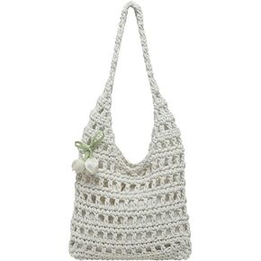 Women’s Knitted Satchel Purse Versatile Solid Color Drawstring Tote Handbag Hollow Out Beach Bag with Flowers Accessories in Kuwait