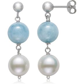 Belacqua Round Natural Blue Milky Aquamarine and White White Cultured Freshwater Pearl Drop Dangle Earrings in Sterling Silver, Real Pearl Jewelry for Women, Gift Box Included in Saudi Arabia