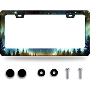 إضفاء الطابع الشخصي على إطار لوحة ترخيص أورورا الليلية، حامل لوحة ترخيص الغابات، ملحقات السيارة المضحكة المصنوعة من الفولاذ المقاوم للصدأ، ديكور السيارات مع فتحتين ومسامير تناسب المركبات الأمريكية القياسية مقاس 12.2 × 6 بوصة in Kuwait