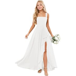 Junior Bridesmaid Dresses Square Neck Ruffle Flower Girl Dress Chiffon A Line Wedding Party Gown in Kuwait