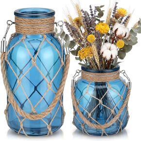 Set of 2 Coastal Vase Dark Blue Glass Vase with Rope Rattan Hanging Mason Jar Wicker Boho Farmhouse Coastal Decor Sea Beach Bottle for Arrangement Wedding Party Table Decorations in Kuwait