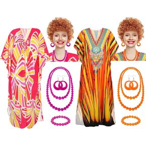 10pcs Landlady Bulk Costume Set Curly Brown Wig Print Caftan Dresses Jewelry Set for Halloween Women Cosplay Party(Pink,Novel) in Kuwait