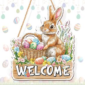 أرنب عيد الفصح ترحيب علامة الباب الخشبية، مزرعة الربيع شنقا أرنب الديكور الباب الأمامي مع البيض، ريفي باب الخشب شماعات للشرفة، الجدار، ديكور داخلي في الهواء الطلق in Kuwait