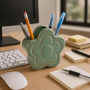 Decorative Ceramic Flower Shape Desktop Organizer for Home Decor - Small Desk Organizer for Office, Workspaces, or Storage - Stylish Office Accessory Decor for Bedroom or Bathroom - 6", Green in Kuwait
