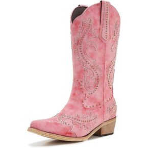 ZXHYZLZ Women’s Pink Embroidered Cowgirl Boots – Western Knee High Cowboy Boots with Classic Stitching, Pull On Design and Low Block Heel in Kuwait