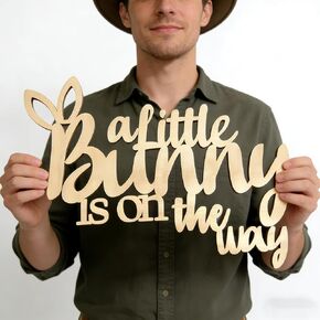 Wooden A Little Bunny is On The Way Sign for Backdrop, Laser Cutting Baby Shower Banner Sign Decor for Bunny Theme Spring Baptism Easter Gender Reveal Nursery Party Sign Decor Supplies in Kuwait