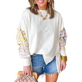SELINK Womens Long Sleeve Tops Casual Floral Dotted Print Patchwork Sweatshirt Crewneck Pullover Loose T Shirts Blouse in Kuwait