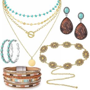 JATEBI 5 Pcs Western Bohemian Layered Jewelry Turquoise Set Included Layered Gold Necklaces Wristband Earring Dangler Waist Chain Country Concert Beach Fashion Jewelry in Kuwait